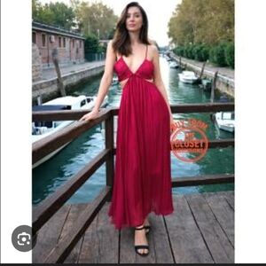 Zara Fuchsia Plunging V-Neck Spaghetti Strap Maxi Dress
